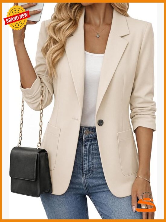 Jackets & Blazers - 3/4 Ruched Sleeve Blazer - Lightweight Lined Casual Work Office Jacket with